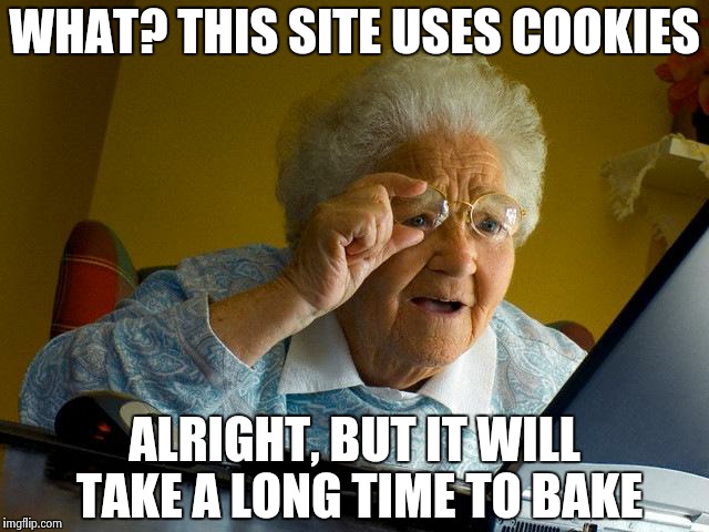 Grandma Finds The Internet Meme | WHAT? THIS SITE USES COOKIES ALRIGHT, BUT IT WILL TAKE A LONG TIME TO BAKE | image tagged in memes,grandma finds the internet | made w/ Imgflip meme maker