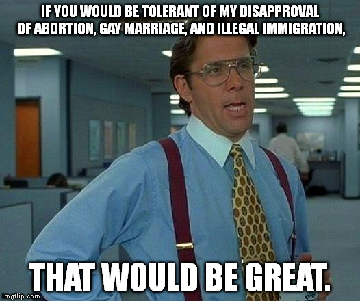 Hey "tolerant" people, | IF YOU WOULD BE TOLERANT OF MY DISAPPROVAL OF ABORTION, GAY MARRIAGE, AND ILLEGAL IMMIGRATION, THAT WOULD BE GREAT. | image tagged in memes,that would be great | made w/ Imgflip meme maker