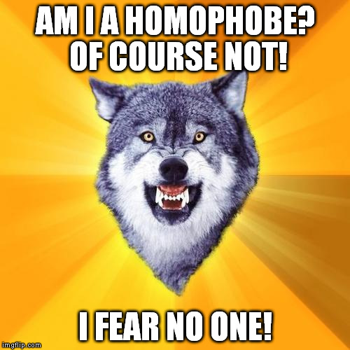 ):- J | AM I A HOMOPHOBE? OF COURSE NOT! I FEAR NO ONE! | image tagged in memes,courage wolf | made w/ Imgflip meme maker