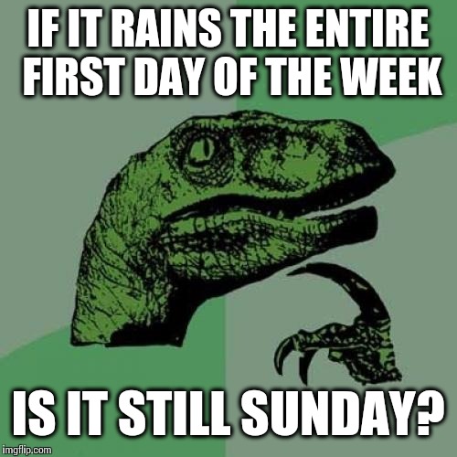 Philosoraptor | IF IT RAINS THE ENTIRE FIRST DAY OF THE WEEK IS IT STILL SUNDAY? | image tagged in memes,philosoraptor | made w/ Imgflip meme maker