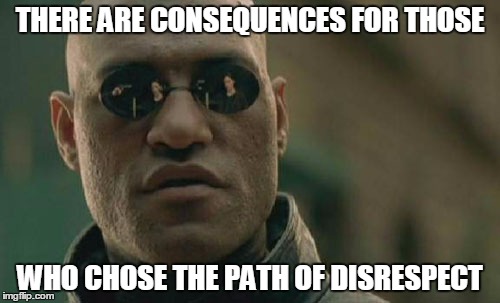Matrix Morpheus | THERE ARE CONSEQUENCES FOR THOSE WHO CHOSE THE PATH OF DISRESPECT | image tagged in memes,matrix morpheus | made w/ Imgflip meme maker