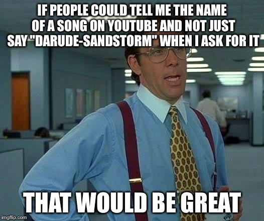 That Would Be Great Meme | IF PEOPLE COULD TELL ME THE NAME OF A SONG ON YOUTUBE AND NOT JUST SAY "DARUDE-SANDSTORM" WHEN I ASK FOR IT THAT WOULD BE GREAT | image tagged in memes,that would be great | made w/ Imgflip meme maker