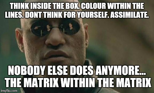 Matrix Morpheus Meme | THINK INSIDE THE BOX. COLOUR WITHIN THE LINES. DONT THINK FOR YOURSELF. ASSIMILATE. NOBODY ELSE DOES ANYMORE... THE MATRIX WITHIN THE MATRIX | image tagged in memes,matrix morpheus | made w/ Imgflip meme maker