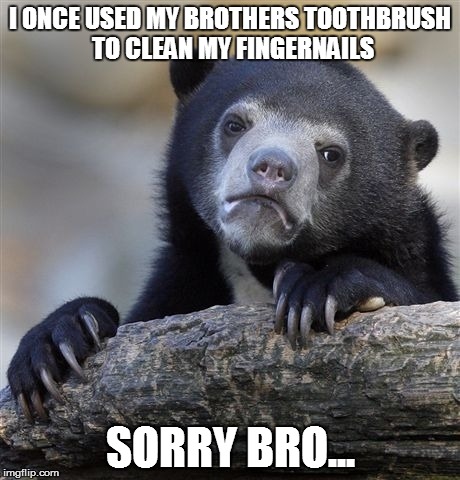 Confession Bear | I ONCE USED MY BROTHERS TOOTHBRUSH TO CLEAN MY FINGERNAILS SORRY BRO... | image tagged in memes,confession bear | made w/ Imgflip meme maker
