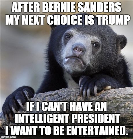 Confession Bear Meme | AFTER BERNIE SANDERS MY NEXT CHOICE IS TRUMP IF I CAN'T HAVE AN INTELLIGENT PRESIDENT I WANT TO BE ENTERTAINED. | image tagged in memes,confession bear,AdviceAnimals | made w/ Imgflip meme maker