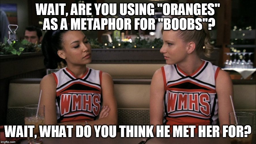 WAIT, ARE YOU USING "ORANGES" AS A METAPHOR FOR "BOOBS"? WAIT, WHAT DO YOU THINK HE MET HER FOR? | made w/ Imgflip meme maker