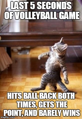 True Story. | LAST 5 SECONDS OF VOLLEYBALL GAME HITS BALL BACK BOTH TIMES, GETS THE POINT, AND BARELY WINS | image tagged in memes,cool cat stroll | made w/ Imgflip meme maker