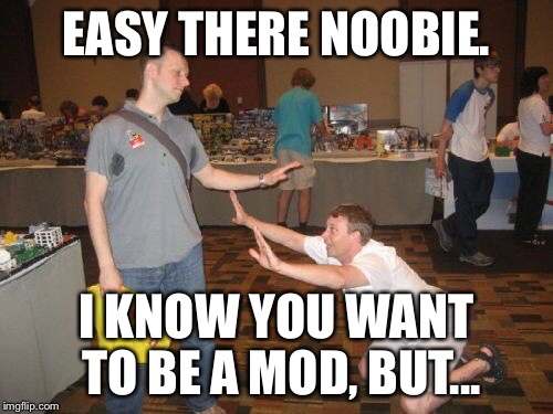 EASY THERE NOOBIE. I KNOW YOU WANT TO BE A MOD, BUT... | made w/ Imgflip meme maker