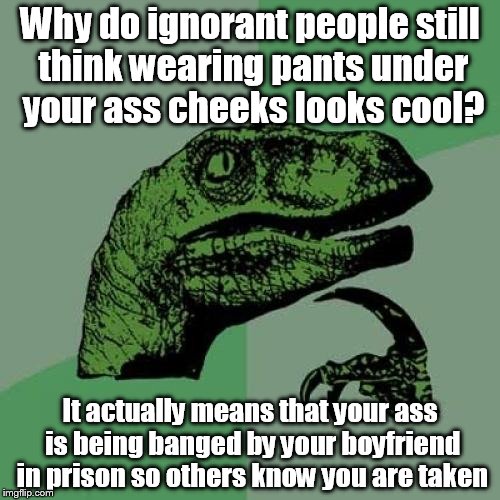 Philosoraptor Meme | Why do ignorant people still think wearing pants under your ass cheeks looks cool? It actually means that your ass is being banged by your b | image tagged in memes,philosoraptor | made w/ Imgflip meme maker