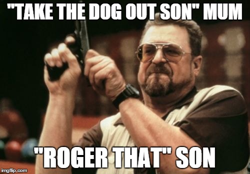 Am I The Only One Around Here Meme | "TAKE THE DOG OUT SON" MUM "ROGER THAT" SON | image tagged in memes,am i the only one around here | made w/ Imgflip meme maker