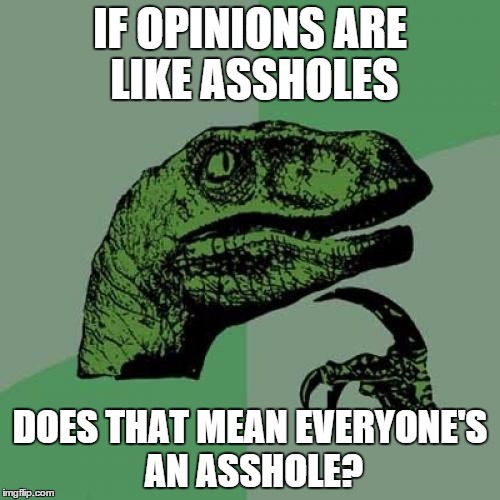 Philosoraptor | IF OPINIONS ARE LIKE ASSHOLES DOES THAT MEAN EVERYONE'S AN ASSHOLE? | image tagged in memes,philosoraptor | made w/ Imgflip meme maker