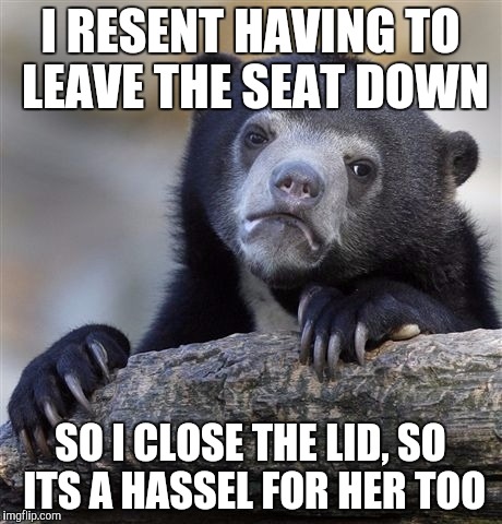 Confession Bear | I RESENT HAVING TO LEAVE THE SEAT DOWN SO I CLOSE THE LID, SO ITS A HASSEL FOR HER TOO | image tagged in memes,confession bear | made w/ Imgflip meme maker