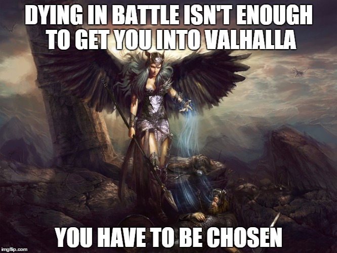 Choose of the slain | DYING IN BATTLE ISN'T ENOUGH TO GET YOU INTO VALHALLA YOU HAVE TO BE CHOSEN | image tagged in valkyrie | made w/ Imgflip meme maker