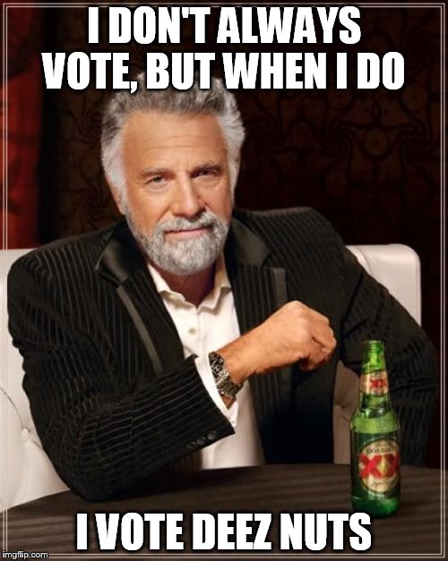 The Most Interesting Man In The World | I DON'T ALWAYS VOTE, BUT WHEN I DO I VOTE DEEZ NUTS | image tagged in memes,the most interesting man in the world | made w/ Imgflip meme maker