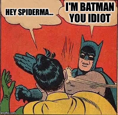 Batman Slapping Robin | HEY SPIDERMA... I'M BATMAN YOU IDIOT | image tagged in memes,batman slapping robin | made w/ Imgflip meme maker