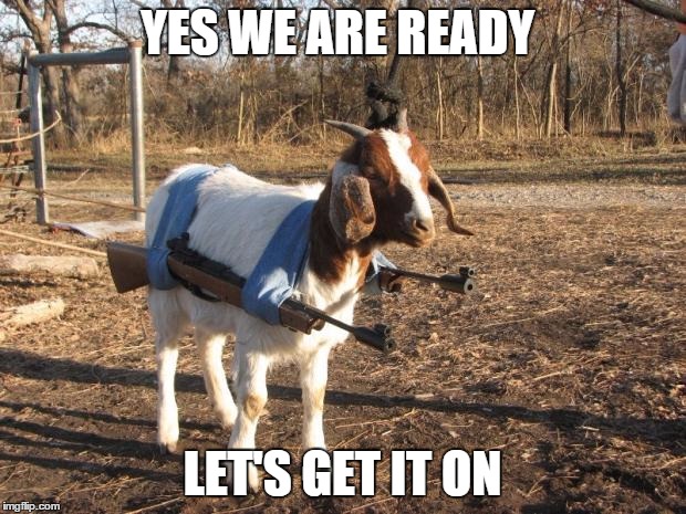 Killer goat | YES WE ARE READY LET'S GET IT ON | image tagged in killer goat | made w/ Imgflip meme maker