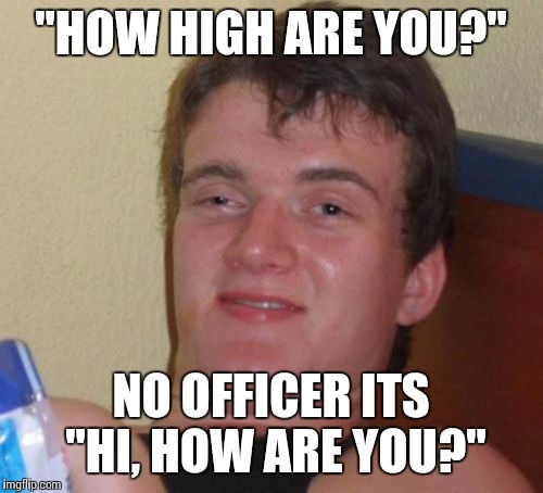 I went to a camp. One of my friends randomly said this. | "HOW HIGH ARE YOU?" NO OFFICER ITS "HI, HOW ARE YOU?" | image tagged in memes,10 guy | made w/ Imgflip meme maker