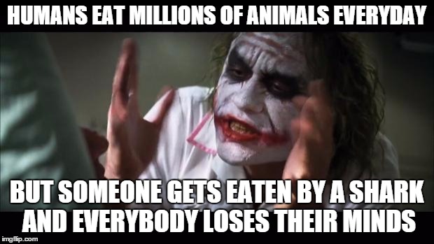 And everybody loses their minds | HUMANS EAT MILLIONS OF ANIMALS EVERYDAY BUT SOMEONE GETS EATEN BY A SHARK AND EVERYBODY LOSES THEIR MINDS | image tagged in memes,and everybody loses their minds | made w/ Imgflip meme maker