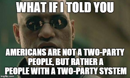 Matrix Morpheus | WHAT IF I TOLD YOU AMERICANS ARE NOT A TWO-PARTY PEOPLE, BUT RATHER A PEOPLE WITH A TWO-PARTY SYSTEM | image tagged in memes,matrix morpheus | made w/ Imgflip meme maker