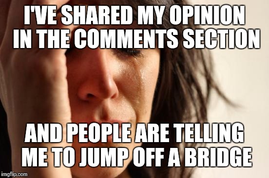 First World Problems | I'VE SHARED MY OPINION IN THE COMMENTS SECTION AND PEOPLE ARE TELLING ME TO JUMP OFF A BRIDGE | image tagged in memes,first world problems | made w/ Imgflip meme maker