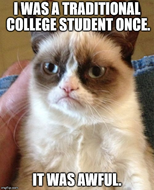 Grumpy Cat | I WAS A TRADITIONAL COLLEGE STUDENT ONCE. IT WAS AWFUL. | image tagged in memes,grumpy cat | made w/ Imgflip meme maker