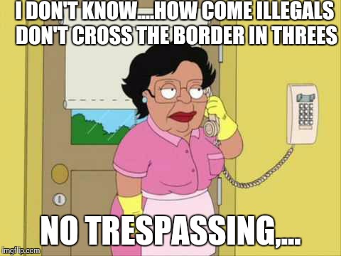 Consuela | I DON'T KNOW....HOW COME ILLEGALS DON'T CROSS THE BORDER IN THREES NO TRESPASSING,... | image tagged in memes,consuela | made w/ Imgflip meme maker