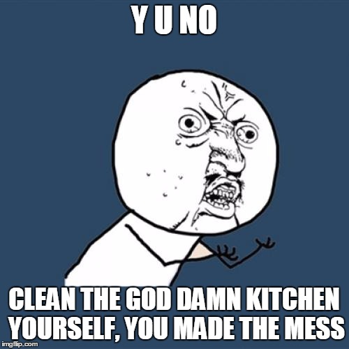 Y U No Meme | Y U NO CLEAN THE GO***AMN KITCHEN YOURSELF, YOU MADE THE MESS | image tagged in memes,y u no | made w/ Imgflip meme maker