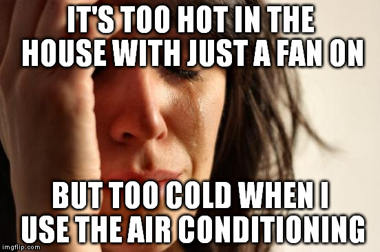 First World Problems | IT'S TOO HOT IN THE HOUSE WITH JUST A FAN ON BUT TOO COLD WHEN I USE THE AIR CONDITIONING | image tagged in memes,first world problems,funny,summer,the struggle | made w/ Imgflip meme maker