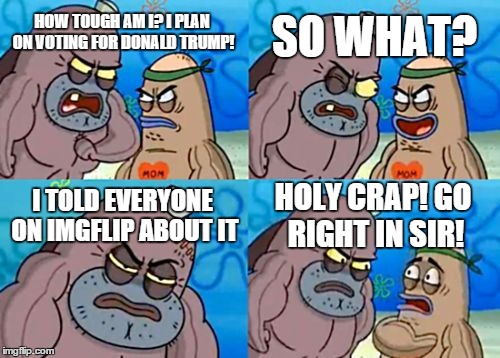 "Vote for Donald Trump" - Said no one ever | HOW TOUGH AM I? I PLAN ON VOTING FOR DONALD TRUMP! SO WHAT? I TOLD EVERYONE ON IMGFLIP ABOUT IT HOLY CRAP! GO RIGHT IN SIR! | image tagged in memes,how tough are you | made w/ Imgflip meme maker