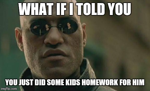 Matrix Morpheus Meme | WHAT IF I TOLD YOU YOU JUST DID SOME KIDS HOMEWORK FOR HIM | image tagged in memes,matrix morpheus | made w/ Imgflip meme maker