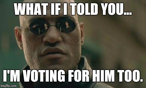 Matrix Morpheus Meme | WHAT IF I TOLD YOU... I'M VOTING FOR HIM TOO. | image tagged in memes,matrix morpheus | made w/ Imgflip meme maker