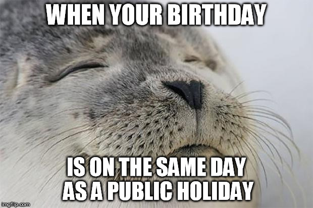 Satisfied Seal | WHEN YOUR BIRTHDAY IS ON THE SAME DAY AS A PUBLIC HOLIDAY | image tagged in memes,satisfied seal,AdviceAnimals | made w/ Imgflip meme maker