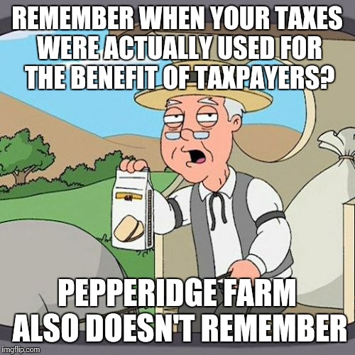 Pepperidge Farm Remembers | REMEMBER WHEN YOUR TAXES WERE ACTUALLY USED FOR THE BENEFIT OF TAXPAYERS? PEPPERIDGE FARM ALSO DOESN'T REMEMBER | image tagged in memes,pepperidge farm remembers | made w/ Imgflip meme maker