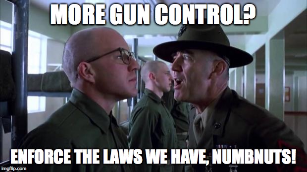 gunny | MORE GUN CONTROL? ENFORCE THE LAWS WE HAVE, NUMBNUTS! | image tagged in gunny | made w/ Imgflip meme maker