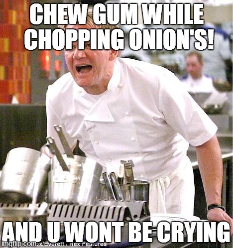 Chef Gordon Ramsay | CHEW GUM WHILE CHOPPING ONION'S! AND U WONT BE CRYING | image tagged in memes,chef gordon ramsay | made w/ Imgflip meme maker