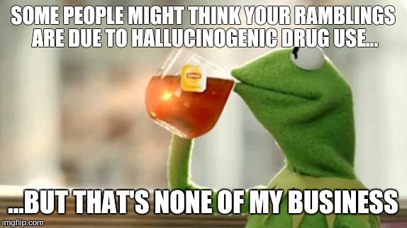 SOME PEOPLE MIGHT THINK YOUR RAMBLINGS ARE DUE TO HALLUCINOGENIC DRUG USE... ...BUT THAT'S NONE OF MY BUSINESS | image tagged in kermit the frog,tea party,republican,democrat,isis,drugs | made w/ Imgflip meme maker