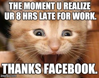 Excited Cat | THE MOMENT U REALIZE UR 8 HRS LATE FOR WORK. THANKS FACEBOOK. | image tagged in memes,excited cat | made w/ Imgflip meme maker