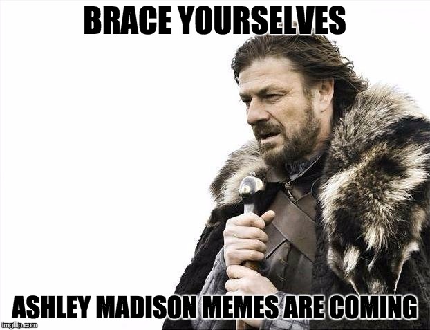 Brace Yourselves X is Coming | BRACE YOURSELVES ASHLEY MADISON MEMES ARE COMING | image tagged in memes,brace yourselves x is coming | made w/ Imgflip meme maker