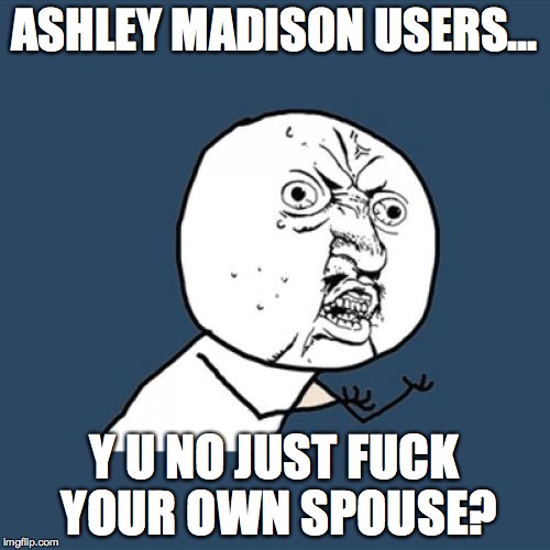 Y U No Meme | ASHLEY MADISON USERS... Y U NO JUST F**K YOUR OWN SPOUSE? | image tagged in memes,y u no | made w/ Imgflip meme maker
