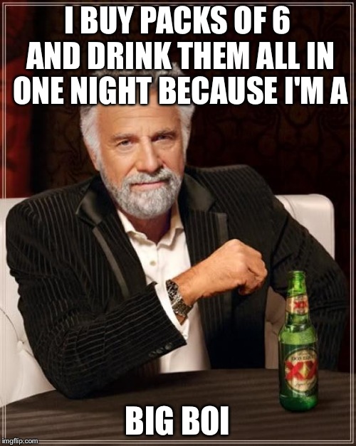 I BUY PACKS OF 6 AND DRINK THEM ALL IN ONE NIGHT BECAUSE I'M A BIG BOI | image tagged in memes,the most interesting man in the world | made w/ Imgflip meme maker