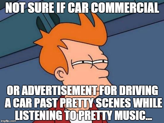 Futurama Fry | NOT SURE IF CAR COMMERCIAL OR ADVERTISEMENT FOR DRIVING A CAR PAST PRETTY SCENES WHILE LISTENING TO PRETTY MUSIC... | image tagged in memes,futurama fry | made w/ Imgflip meme maker