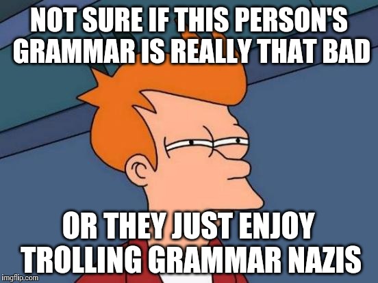 I want to believe our teenagers are smarter than they sometimes portray themselves online. | NOT SURE IF THIS PERSON'S GRAMMAR IS REALLY THAT BAD OR THEY JUST ENJOY TROLLING GRAMMAR NAZIS | image tagged in memes,futurama fry | made w/ Imgflip meme maker