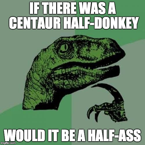 Philosoraptor | IF THERE WAS A CENTAUR HALF-DONKEY WOULD IT BE A HALF-ASS | image tagged in memes,philosoraptor | made w/ Imgflip meme maker