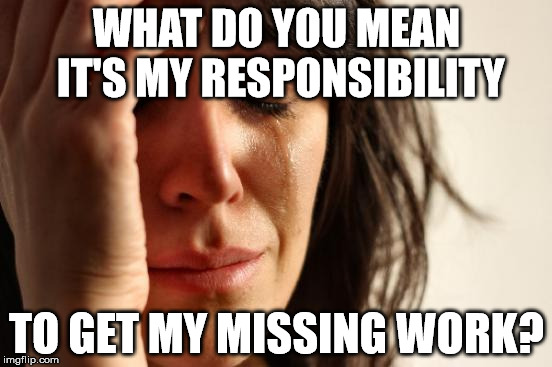 First World Problems | WHAT DO YOU MEAN IT'S MY RESPONSIBILITY TO GET MY MISSING WORK? | image tagged in memes,first world problems | made w/ Imgflip meme maker