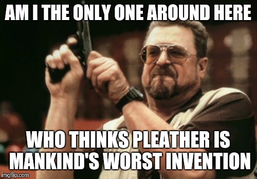 Am I The Only One Around Here Meme | AM I THE ONLY ONE AROUND HERE WHO THINKS PLEATHER IS MANKIND'S WORST INVENTION | image tagged in memes,am i the only one around here | made w/ Imgflip meme maker