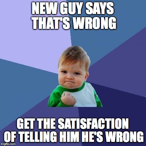 Success Kid Meme | NEW GUY SAYS THAT'S WRONG GET THE SATISFACTION OF TELLING HIM HE'S WRONG | image tagged in memes,success kid | made w/ Imgflip meme maker