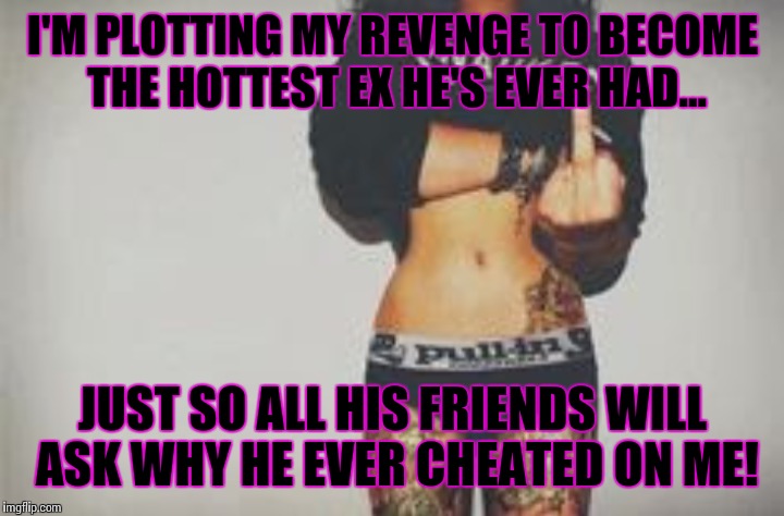 Something for him to REGRET! | I'M PLOTTING MY REVENGE TO BECOME THE HOTTEST EX HE'S EVER HAD... JUST SO ALL HIS FRIENDS WILL ASK WHY HE EVER CHEATED ON ME! | image tagged in he cheated,revenge | made w/ Imgflip meme maker