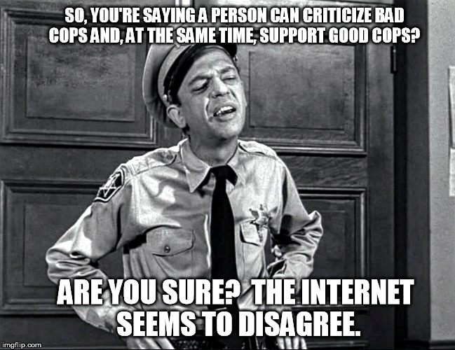 SO, YOU'RE SAYING A PERSON CAN CRITICIZE BAD COPS AND, AT THE SAME TIME, SUPPORT GOOD COPS? ARE YOU SURE?  THE INTERNET SEEMS TO DISAGREE. | image tagged in police | made w/ Imgflip meme maker
