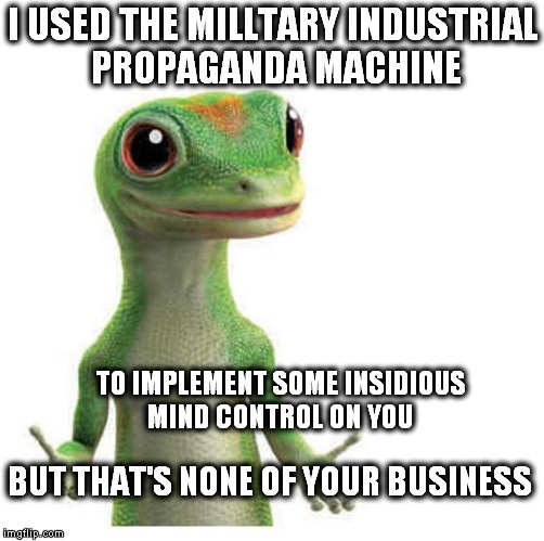 We control your mind in 15 seconds or less... | I USED THE MILLTARY INDUSTRIAL PROPAGANDA MACHINE TO IMPLEMENT SOME INSIDIOUS MIND CONTROL ON YOU BUT THAT'S NONE OF YOUR BUSINESS | image tagged in but thats none of my business,geico gecko | made w/ Imgflip meme maker