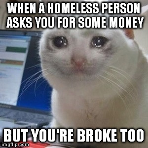 Crying cat | WHEN A HOMELESS PERSON ASKS YOU FOR SOME MONEY BUT YOU'RE BROKE TOO | image tagged in crying cat,funny,meme | made w/ Imgflip meme maker